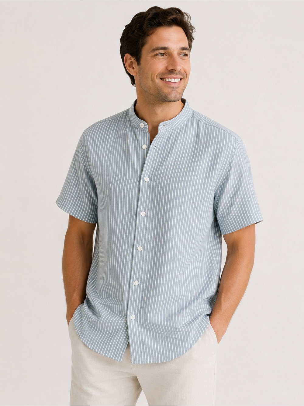 Cozy Earth Lived In Linen Ocean Stripe Band Collar Shirt Men’s Small NWT